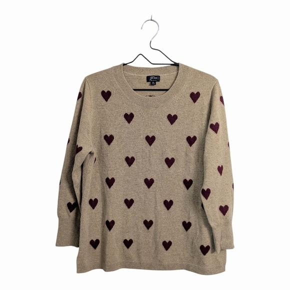 J.Crew Cashmere Tan Pullover Crew Neck Sweater Red Hearts Allover 3/4 Sleeve XL - Picture 1 of 8